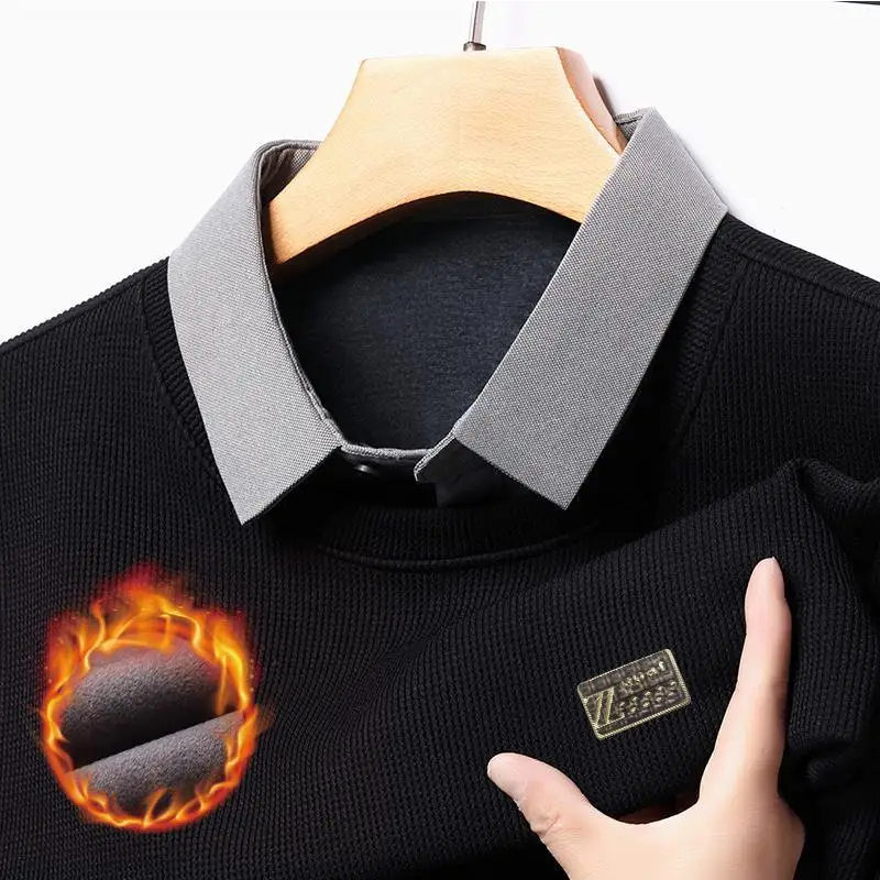 

Thiened Mo Two-Piece Knitted irt Men's Winter New irt Collar Warm Knitted Bot Wfle Velvet Non-Balloning