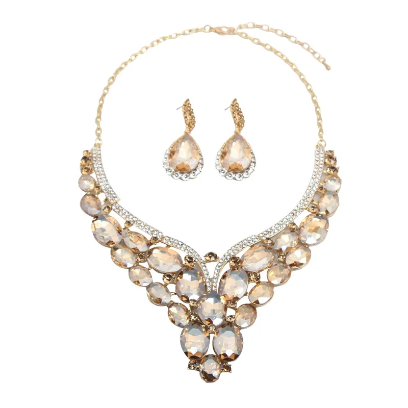 Amazon Hot Sale, Exaggerated Crystal Glass Necklace Earrings Set Dress Bridal Banquet Women's Accessories