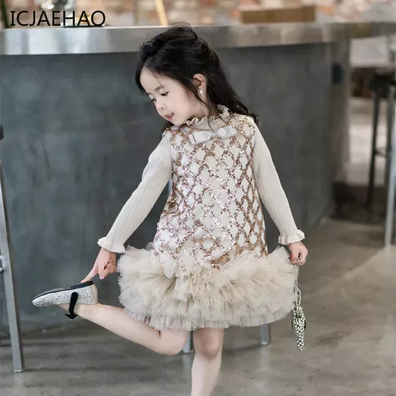 

2024 New Princess Tulle Patchwork Dresses Children Kids Sequins Dress for Girls Infants Banquet Clothes Party Matching Costumes