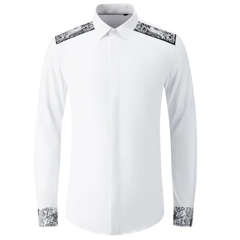 New Cotton Male Shirts Luxury Long Sleeve Shoulder and Cuff Embroidery Business Casual Mens Dress Shirts Slim Fit Man Shirts 4XL