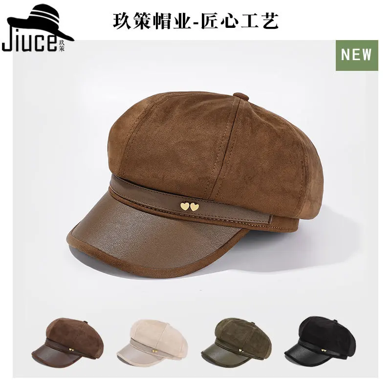高品質スエード女性八角帽子秋冬レトロ短いつば画家帽子小顔多用途キャスケット帽子 4m991