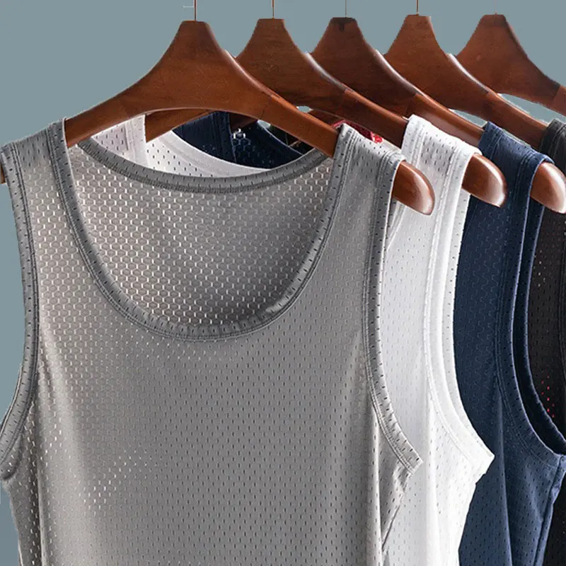 Summer Men Ice Silk Tank Top Underwear Man Vest Undershirt Mesh Holes Shirts Male Workout Sleeveless Breathable Singlets T-Shirt