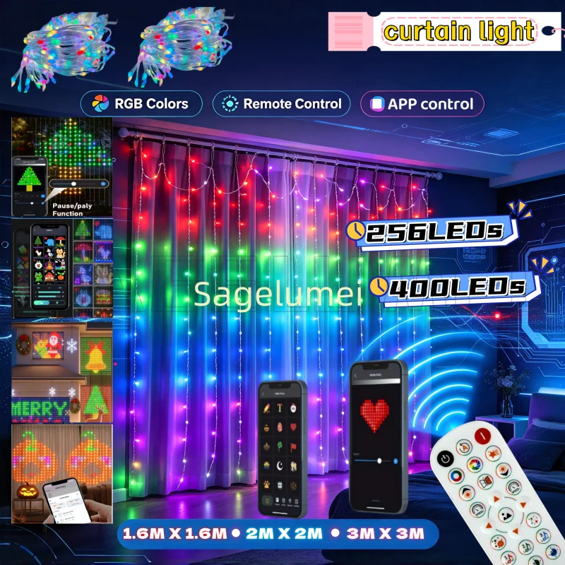 2/3M 256/400LEDsAPP Controlled Programmable Curtain Lights, Bluetooth Pixel Lights, Smart Text Display for Party Wedding Decor
