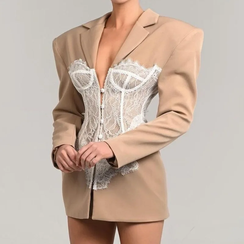 SuperAen European and American Style Blazer Women's 2025 New Lace Splicing Waist Single-breasted Blazer