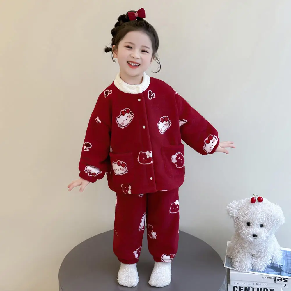 

Sanrio Hello Kitty Girls Winter Flannel Pajamas Set Baby Double Layer Plus Velvet Thickened Children's Warm Cute Home Clothes