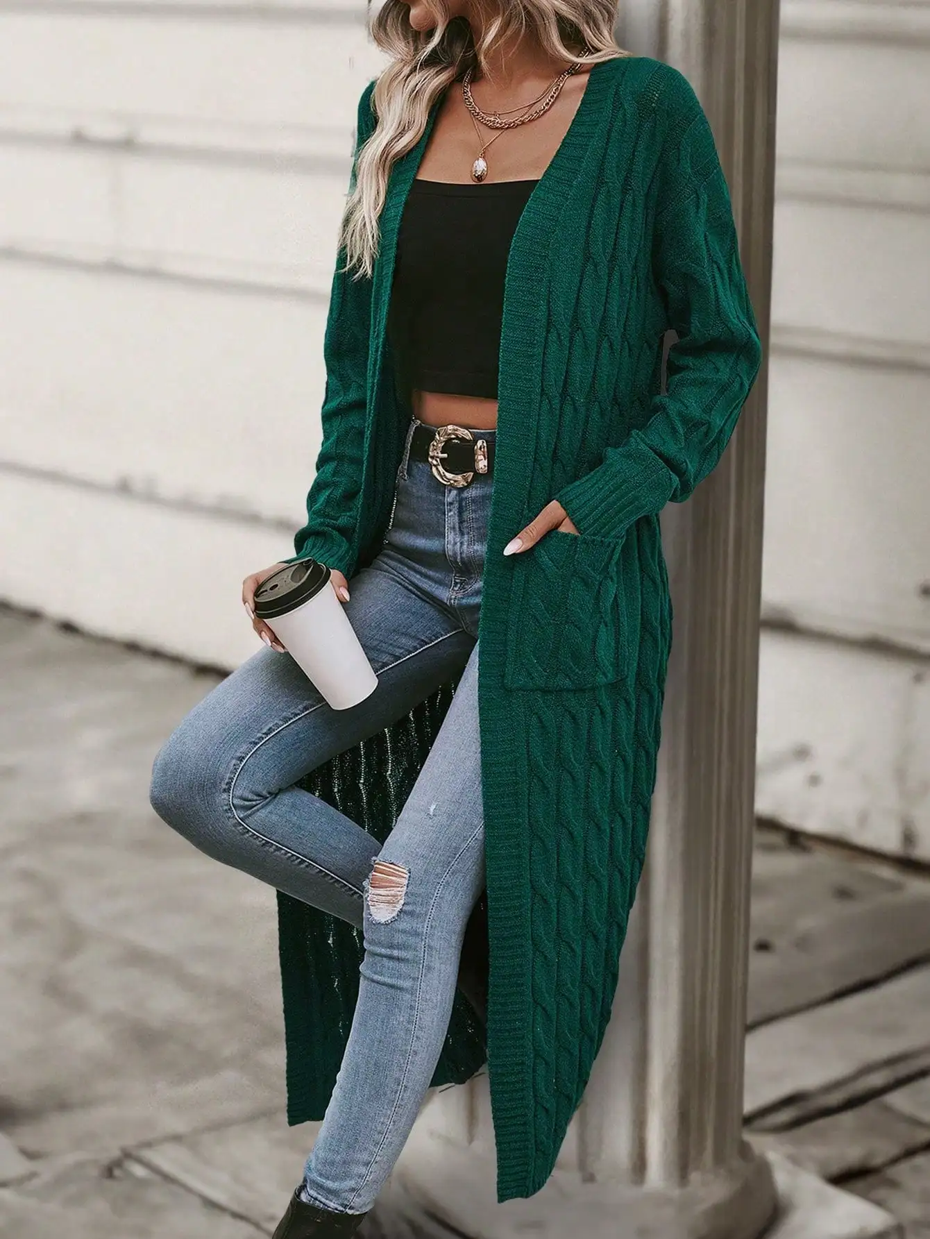 

Women's Loose Fit Long Cable Knit Cardigan with Front Pockets, Autumn Casual Wear