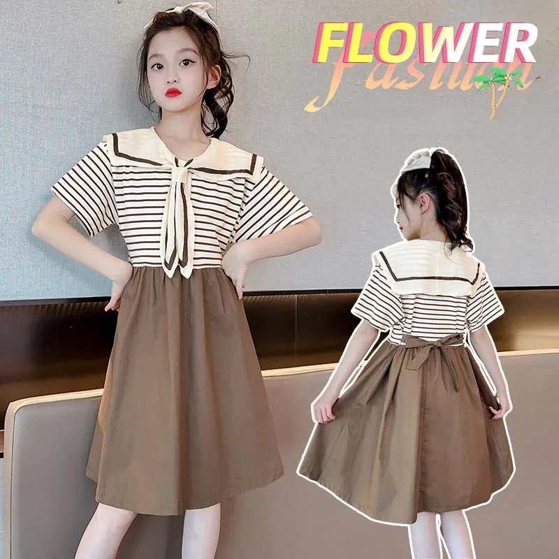 

ZOETOP 2025 Korean Summer School Girl Dress Children Girl Navy Collar Bowknot Contrast Striped One-piece Dress Junior Girl Dress