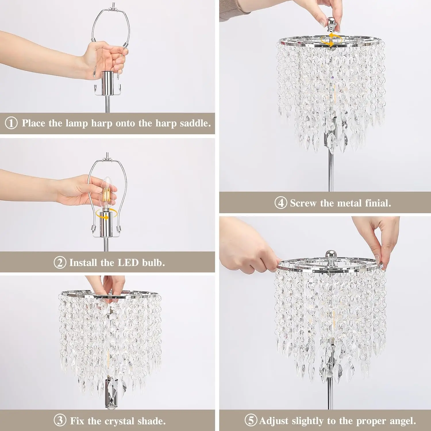 Crystal Table Lamp Set of 2, Touch Control, USB Ports, Dimmable LED Bedside Lamp, Silver Shade for Bedroom, Living Room