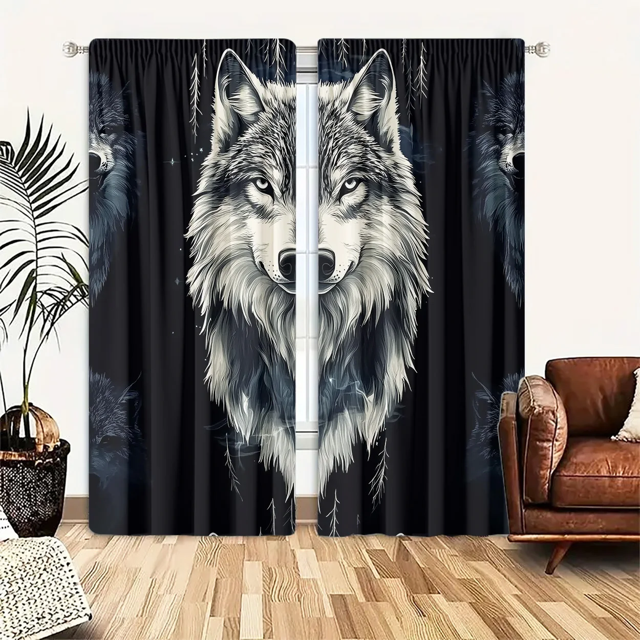 Gothic Sketch Wolf Portrait Window Curtains 2 Panels, Gray Wild Wolf Mist Pine Twig Dark Black Base Cool Guy Home Decor Curtain