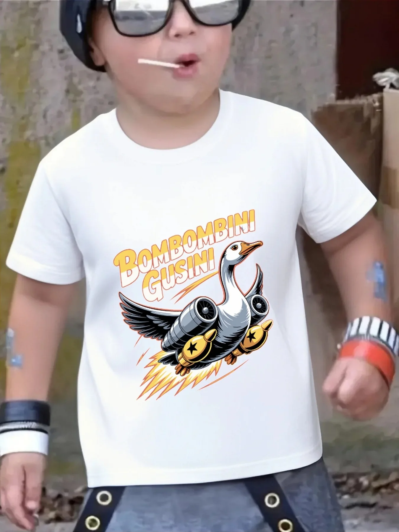 Lovely Cool Space Rocket White Goose Animal Graphic Family Matching T Shirts Boys Girls Parent Child Daily Wear Cotton Tops