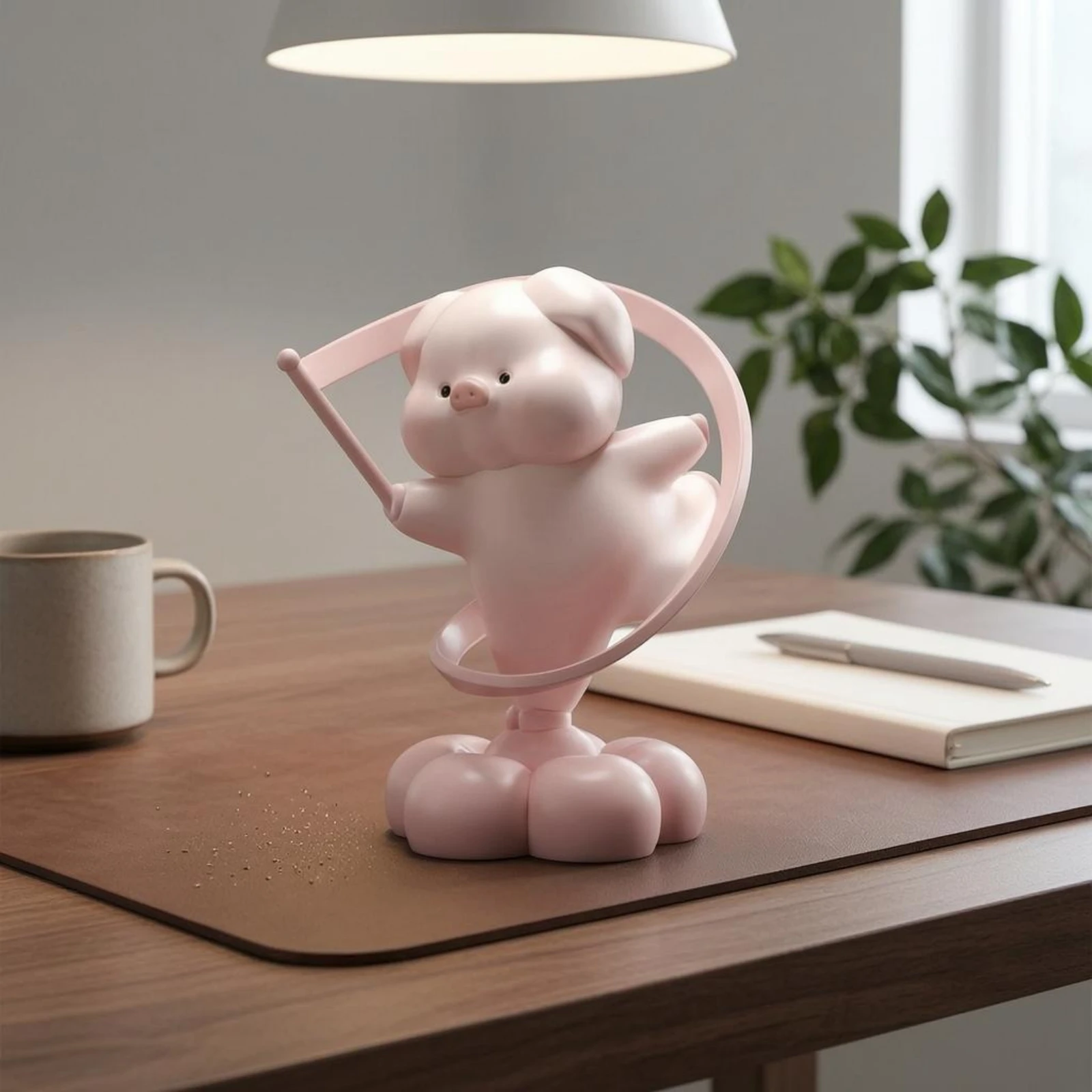 Resin Pig Figurine Circular Frame Pig Figurine Desk Ornament Sleek Home Decor Office Display