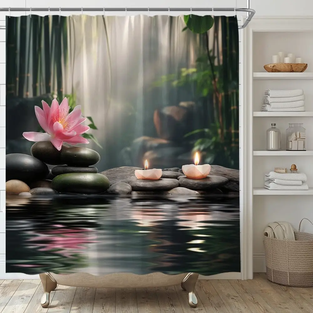 

Zen Shower Curtain Spa Lotus Black Stone and Candles Bamboo Water Lily Japanese Style Relax Nature Home Fabric Bathroom Decor