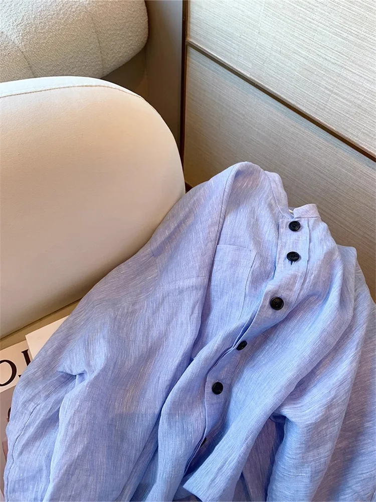 Blusa de Lino Entallada Azul con Cuello Csero, Estilo Premium para Mujer, Otoño, Primavera, Cálida, Manga Larga, Moda Coreana