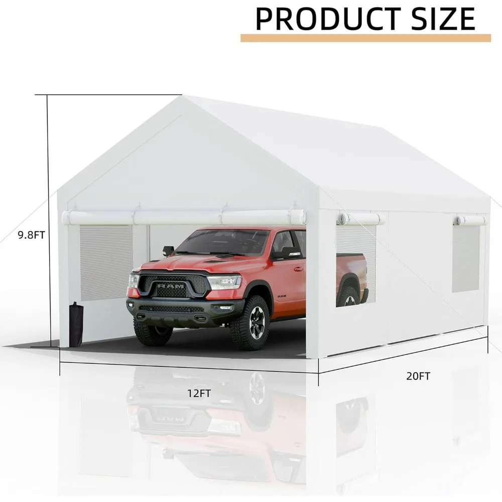 JY QAQA Carport، 12x20 FT أقطاب فولاذية معززة للخدمة الشاقة مع جدران وأبواب جانبية قابلة للإزالة، مظلة سيارة ذات نوافذ قابلة للطي