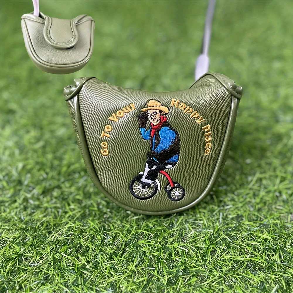 1pc Embroidered Weighted Golf Putter Cover with Hook-and-Loop Closure, PU Material, Half Circle Club Sock Protector