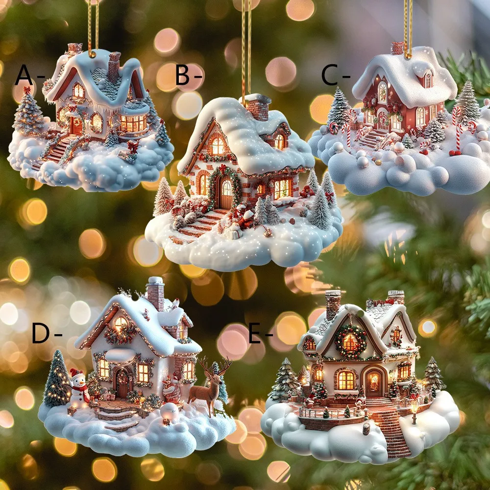 

New Hanging Christmas Ornament Acrylic Winter Snow House Xmas Tree Pendants Thicken Home Decoration Holiday Charming for Indoor