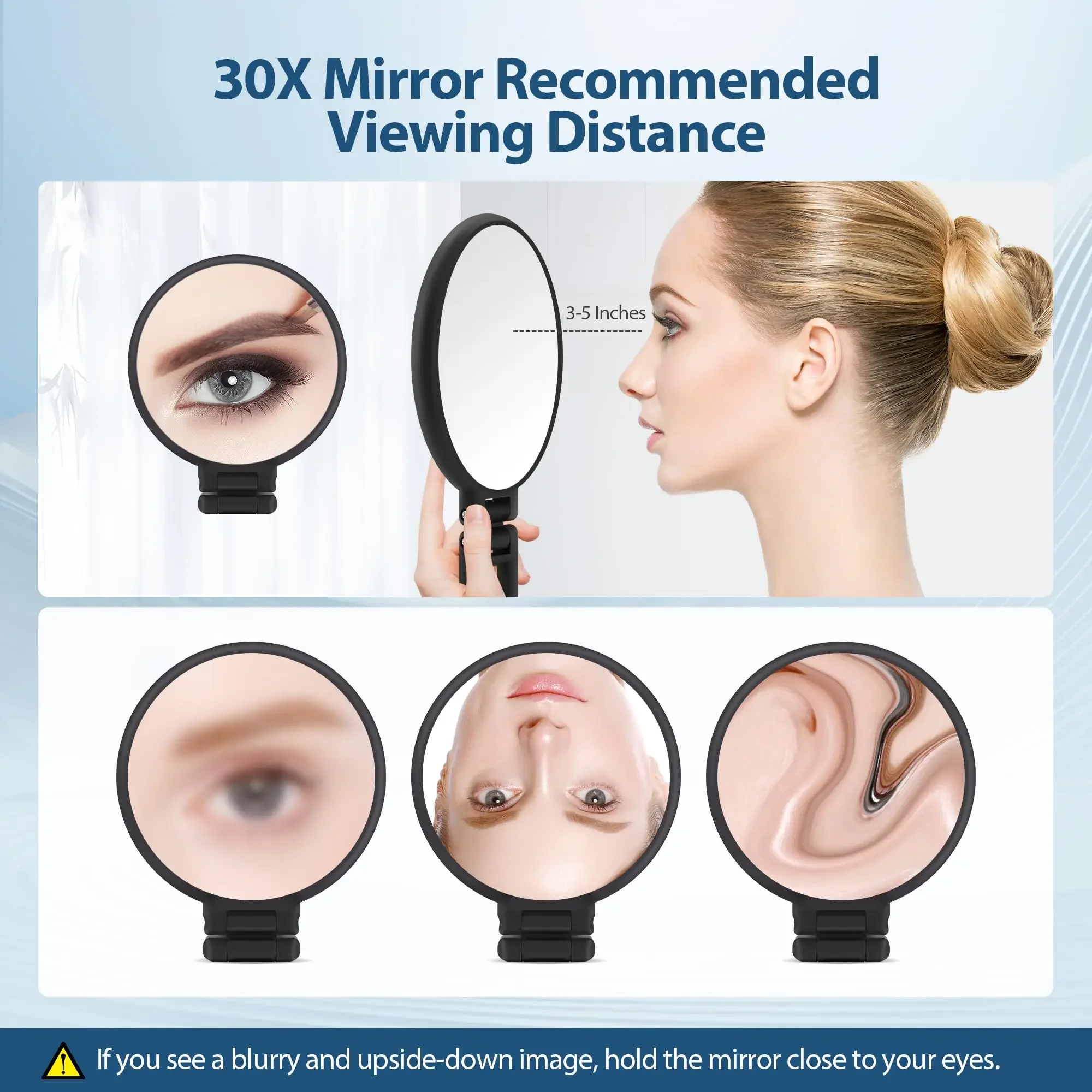 Beauty Hand Mirror, 30X Magnifying Mirror on Stand, Double Sided Magnifying Mirror with 30X/1X Magnification, 360°Adjustable Ha