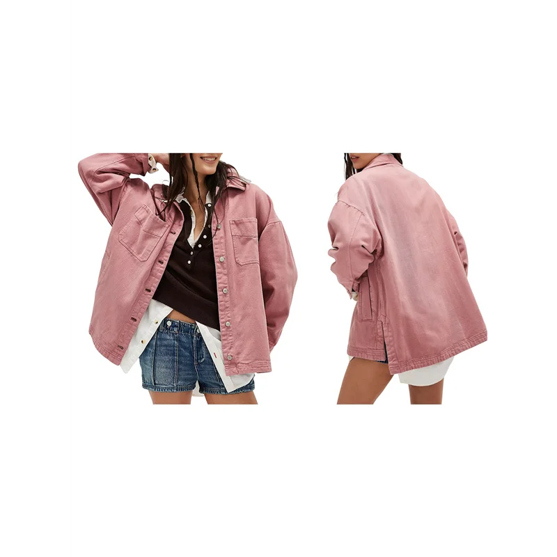 

AT63-Women's City Denim Jacket-Long Sleeve Oversized Boyfriend Style Jean Jacket With Button Up Front