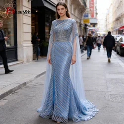 Elegant Dubai Mermaid Evening Dress for Women 2026 Long Cape Sleeves Split Beaded Formal Prom Wedding Party Gown Customized