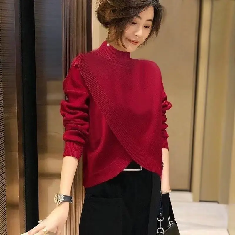 Elegant Solid Color Knitted Spliced Asymmetrical Sweater Women\'s Clothing 2022 Autumn Loose New Casual Pullovers Irregular Tops