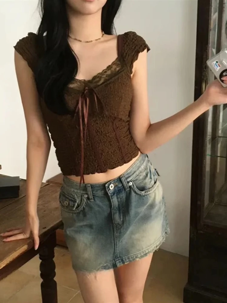 

Белая кружевная отделка ort Sve irt Женский летний дизайн Sexy Pure Desire ort Sle Waist Cinching Top Корейская версия Commu...