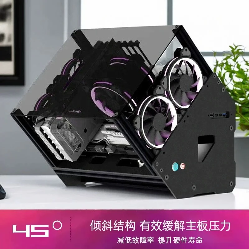 45° Open Tilt PC Case Aluminum Frame Semi‑Transparent Acrylic Water‑Cooling Rack Bottom Cable Outlet for ATX MATX ITX Desktop