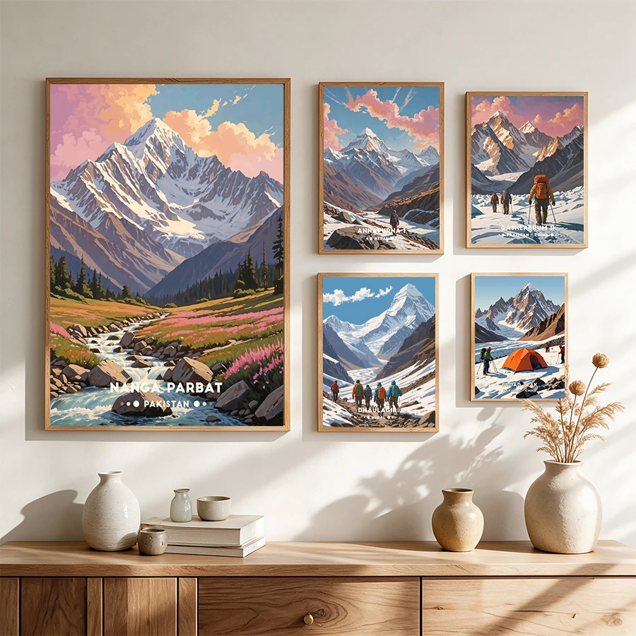 Himalayan Highest Mountain Travel Wall Art Prints Retro Landscape Adventure Climbing Poster Set Decor for Home Study Room
