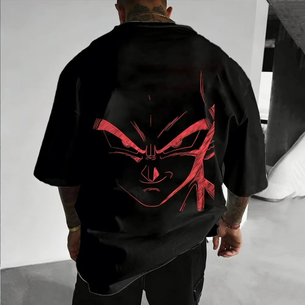Dragon Ball Vegeta Red Line Art Graphic T Shirt Men's and Women's Anime Cartoon Back Print Casual Oversized Short Sleeve Tee