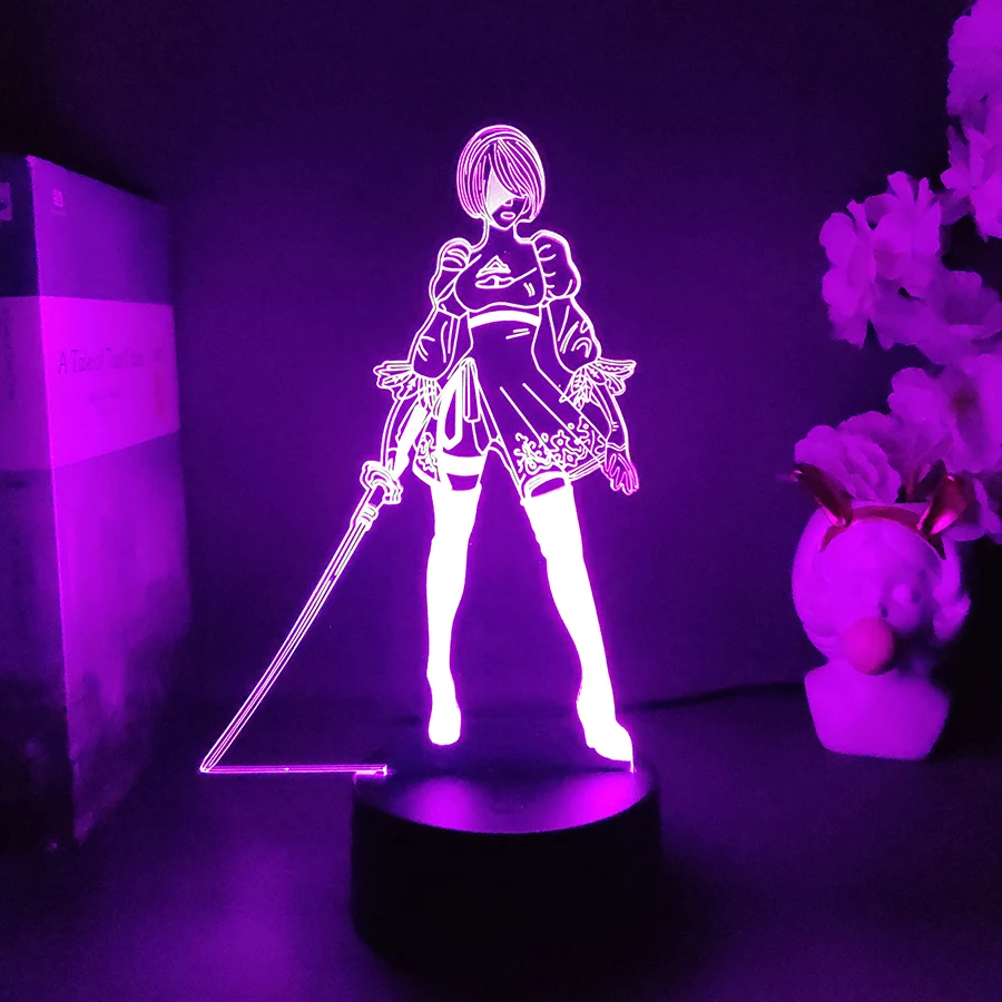 NieR:Automata YoRHa 2B Figure RGB Lamp Gamer Setup Decoration LED 7 Color Changing Nightlight Kids Gaming Room Desk Backlight