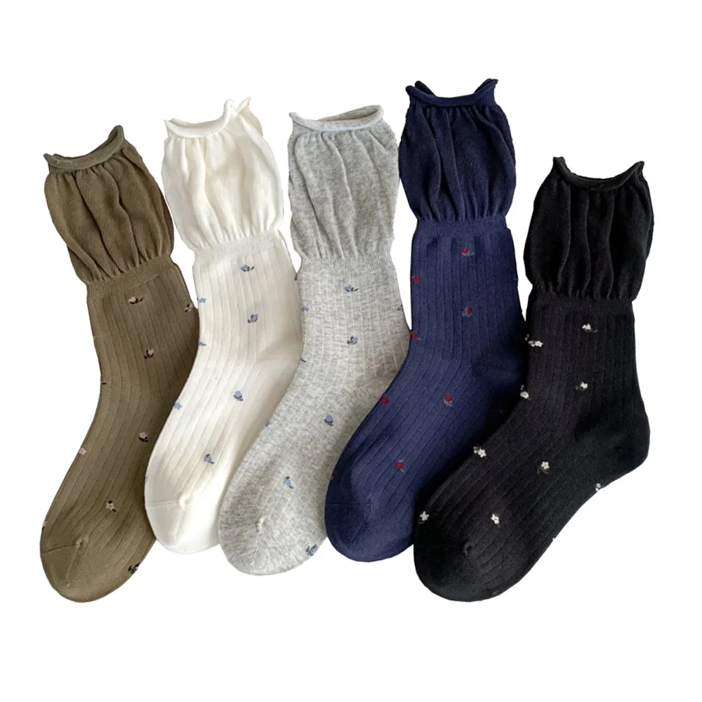 

5 Pairs Korean Style Sweet Women's Socks Set With Cute Floral Print Simple Fashion Long Autumn Winter Socks Woman