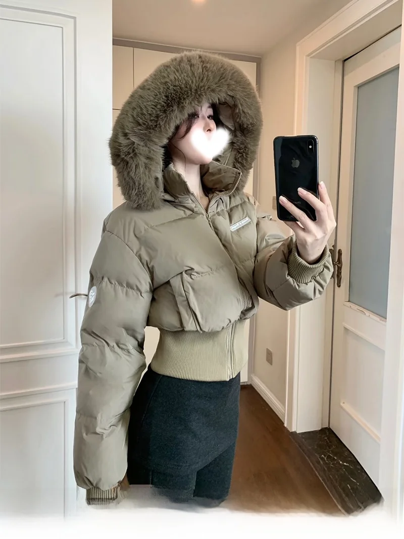 

Retro American ort Thiened Women's Cotton Jaet with Fur Collar And Waist-Cinching Winter Outerwear Bread Coat