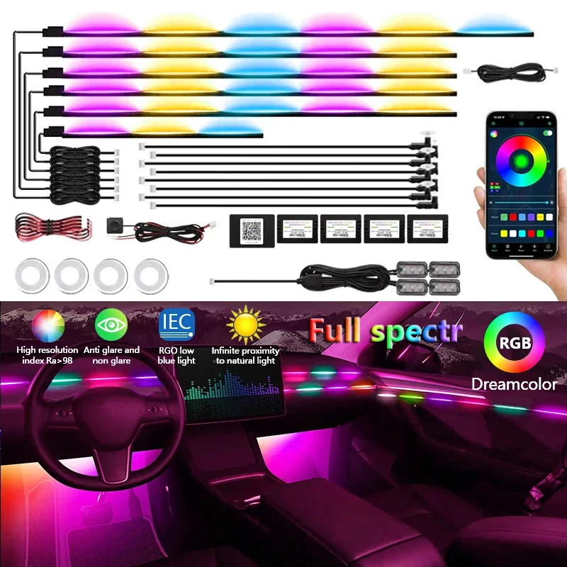 Car Led Neon Streamer Ambient Lights Universal 64 Rainbow Colours Interior Acrylic Strip Symphony Atmosphere Lamp Kit