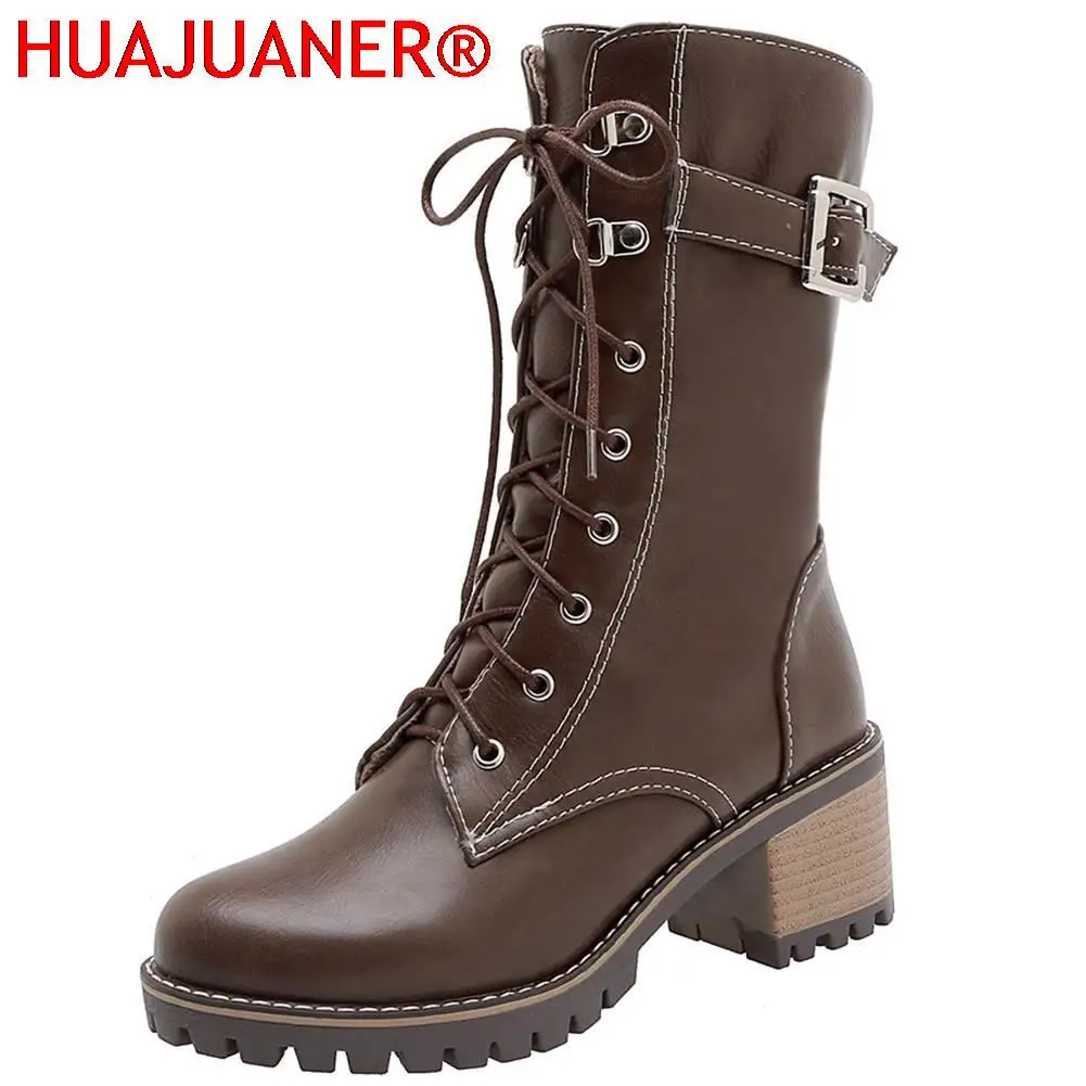 HUAJUANER 2023 Big Size 45 Autumn Winter Shoes High Quality Leather Boots Women Fashion non-slip Shoelaces Motorcycles Boots