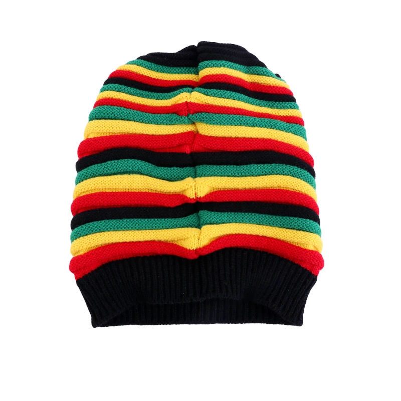 Men Women Rasta Jamaica Knit Beanie Cap Red Yellow Green Black Striped Slouchy Oversized Hip Hop Knitted Hat view 4