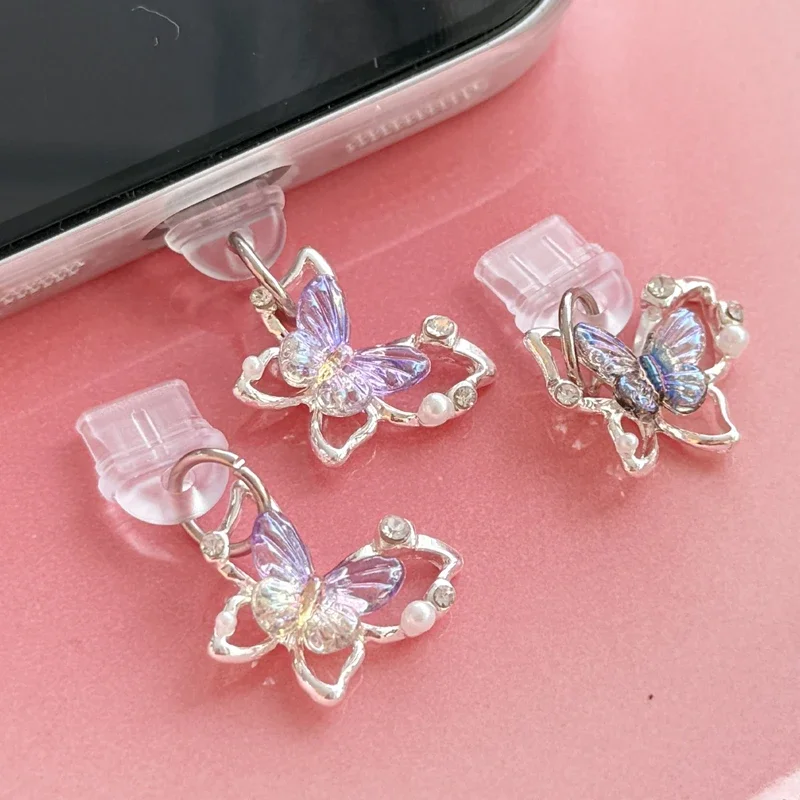 

Декоративная заглушка от пыли для телефона Water Diamond Butterfly, аксессуар для iPhone 16, Samsung, Mi, зарядного интерфейса Type-C