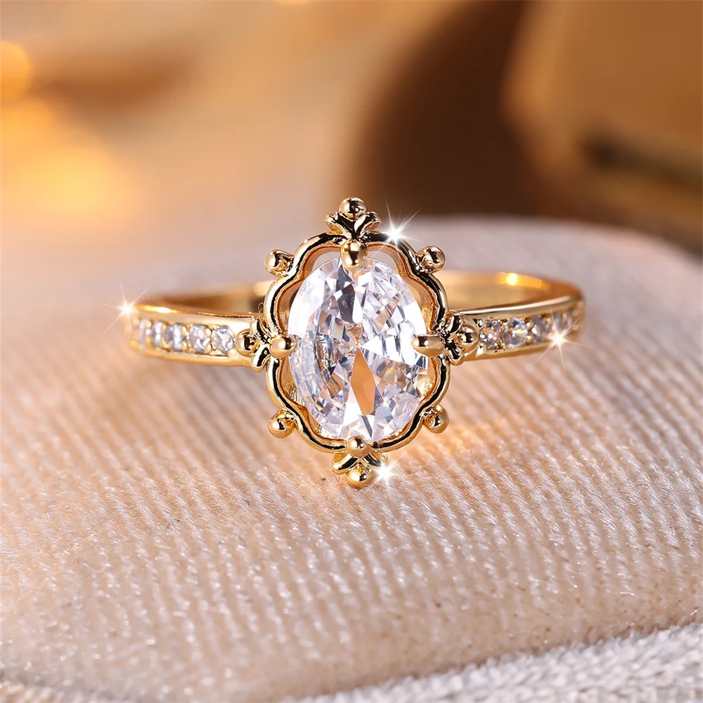 Luxury Crystal Oval Engagement Ring Champagne Zircon Egg Shape Stone Rings For Women Vintage Fashion Gold Color Wedding Jewelry