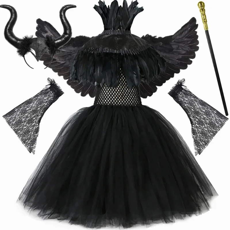 Black Evil Queen Maleficent Long Dresses for Girls Devil Witch Halloween Costumes Feather Wings Outfit Kids Carnival Party Ball