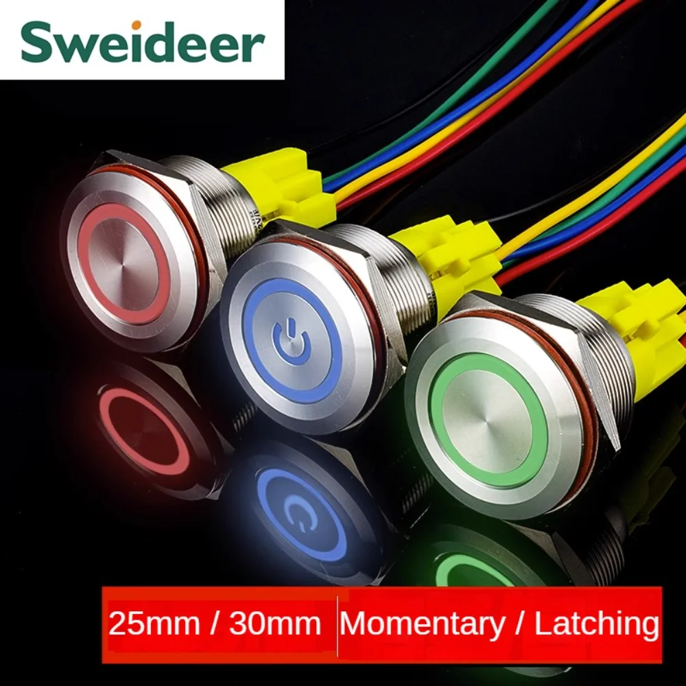 25MM30MM Metal Push Button switches  power symbol Waterproof LED Indicator Momentary Latching Start Stop Power on off Switch