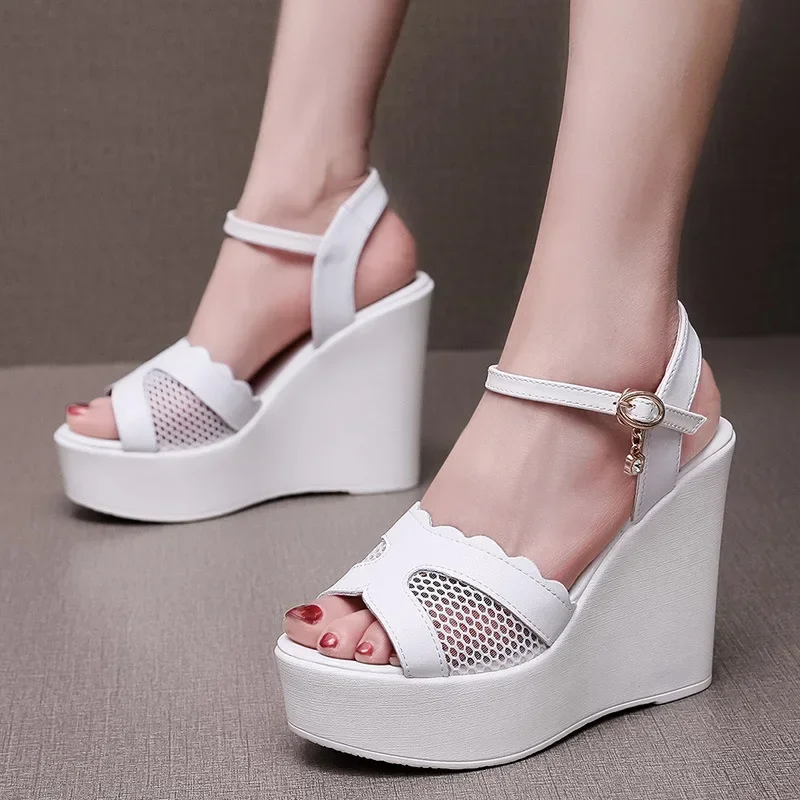 New Summer Cowhide Mesh Sandals Women Sandal Shoes Platform Wedges Increase Sandals High Heels 6 / 8 / 11 Cm Big Small Size