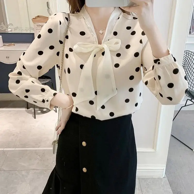 Polka Dot Chiffon Shirt Women\'s 2023 Spring and Autumn New Korean Style Fashion Bow Ribbon Long Sleeve Chiffon Blouse Female