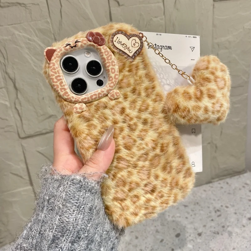 

Pink brown Plush Leopard print pendant Phone Case For iPhone 12 13 14 15 16 17 Pro Max Plus Skin-Friendly Fluffy Soft Cover﻿﻿﻿﻿