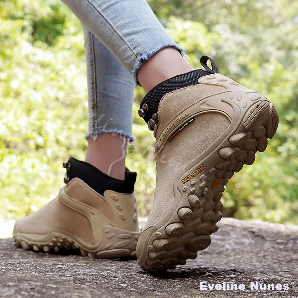 Unisex Khaki Suede Hiking Shoes High Top Lace Up Anti-collision Toe Non Slip Breathable Outdoor Trekking Trail Walking Sneakers