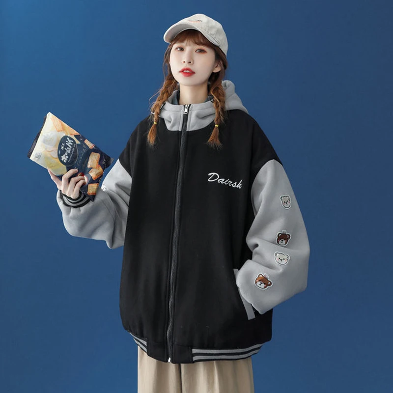 Y2k Baseball Coat Women Kawaii Oversized College Zipper Hooded Bomber Jackets