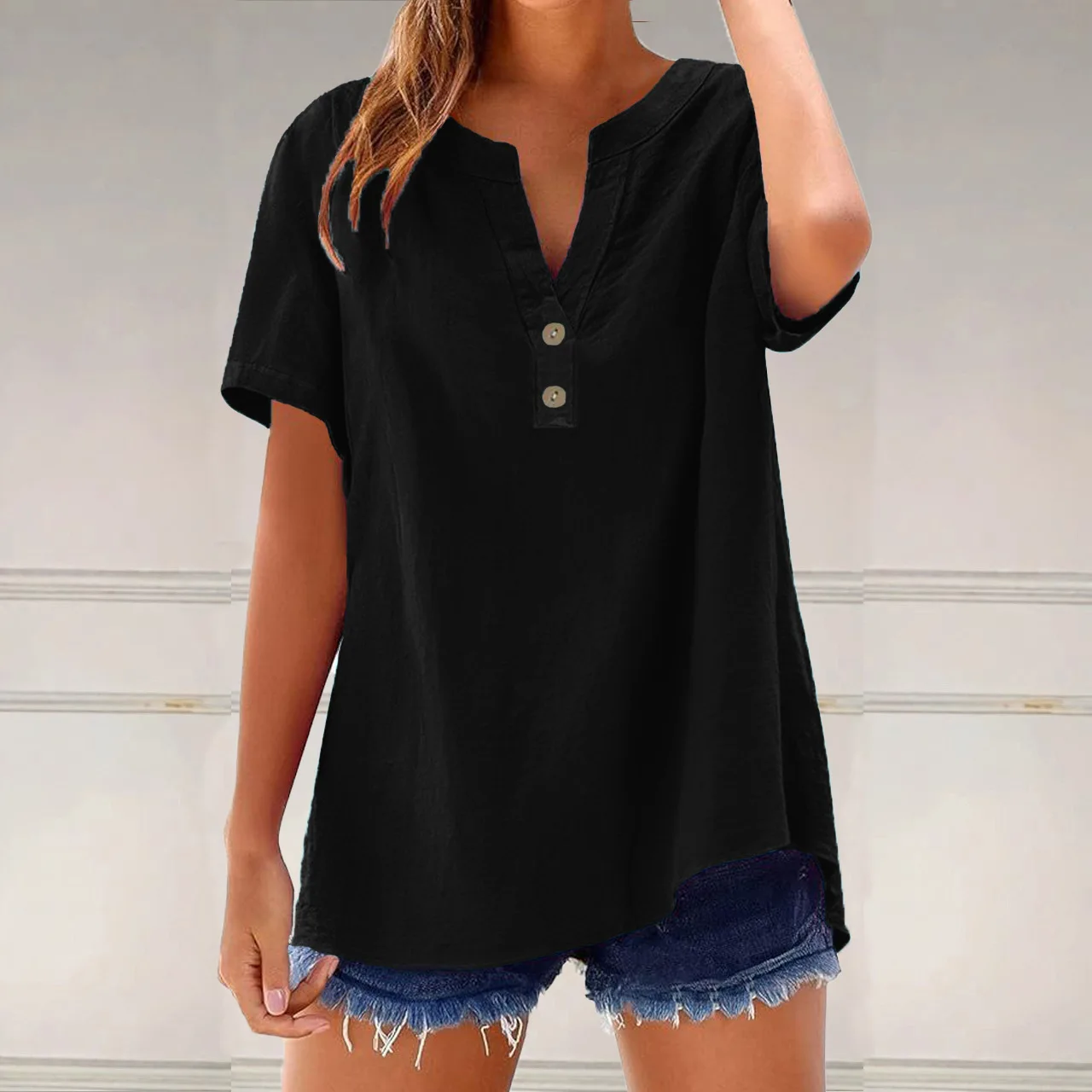 

2025 Summer Casual T-shirt for Women Loose Button Solid Color V-neck Versatile Pullover Fashion Women's Top