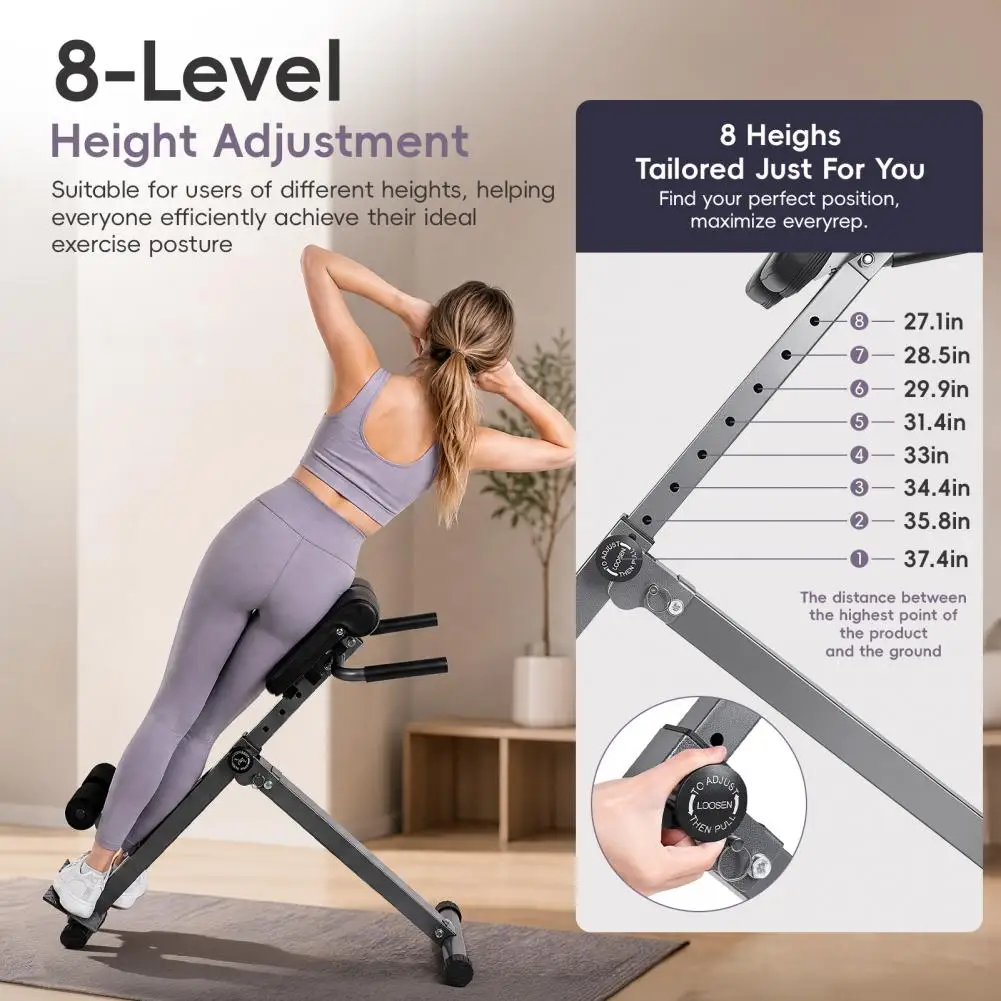 Adjustable Roman Chair Back Extension Bench Foldable Hyperextension Bench 8 Level Height Adjustment Home Gym Fitness Equipment
