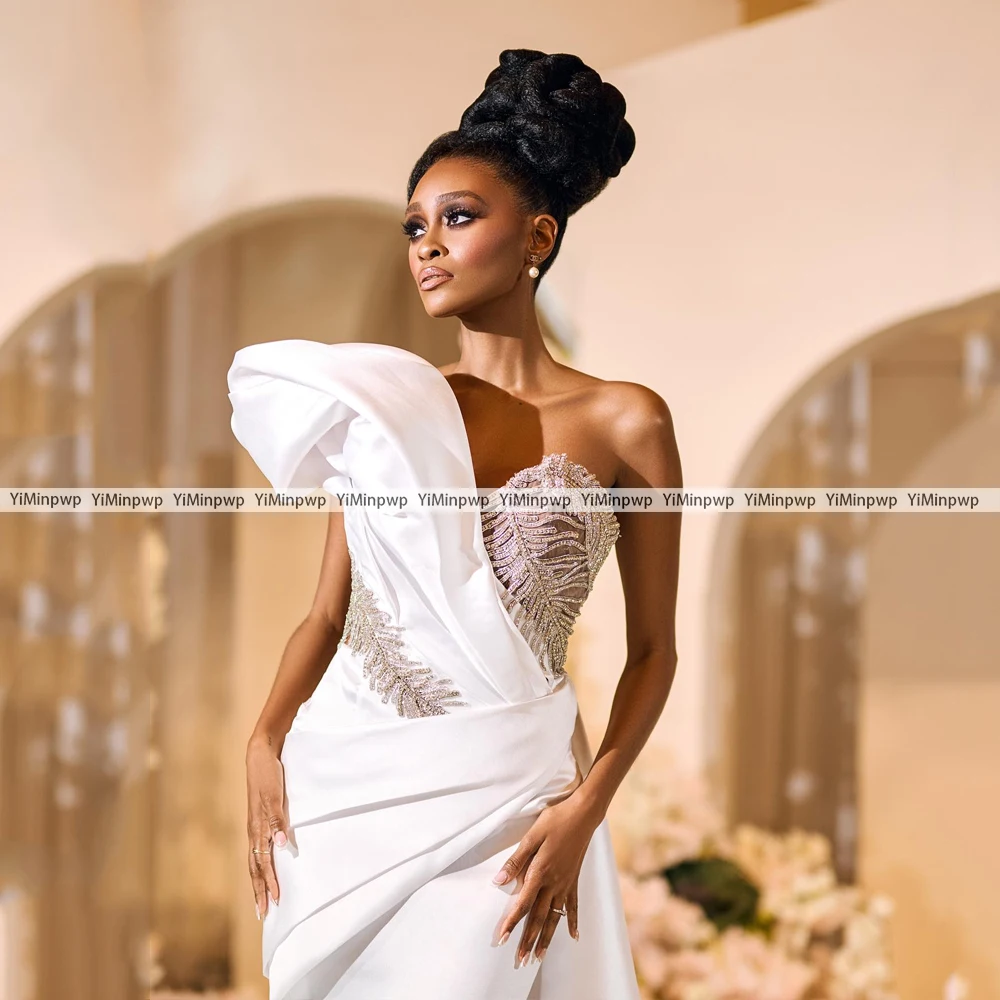 아프리카 인어 웨딩 드레스 럭셔리 2025 원 숄더 코르셋 스윕 트레인 크리스탈 로브 드 마리에 2025 신부 가운 맞춤형