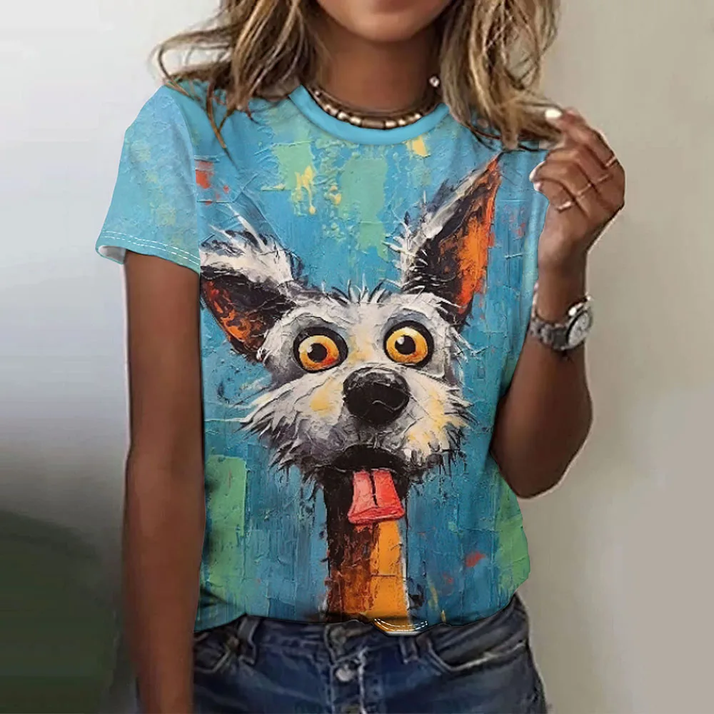 Damska Koszulka Śmieszny Straszny Zwierzęcy Nadruk Klasyczna Moda Codzienna Uliczna Okrągły Dekolt Oversize Letnia Odzież Damska