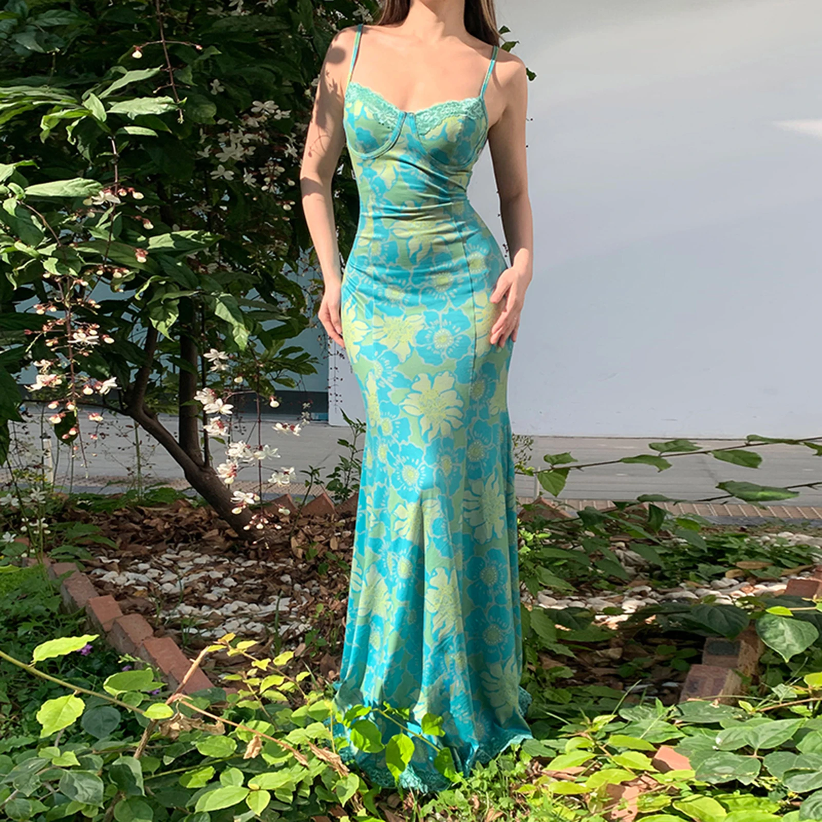Vrouwen Kanten Bloemen Spaghetti Jurk Slanke Sweetheart Hals Mouwloze Lange Bodycon Fishtail Jurk voor Party Club