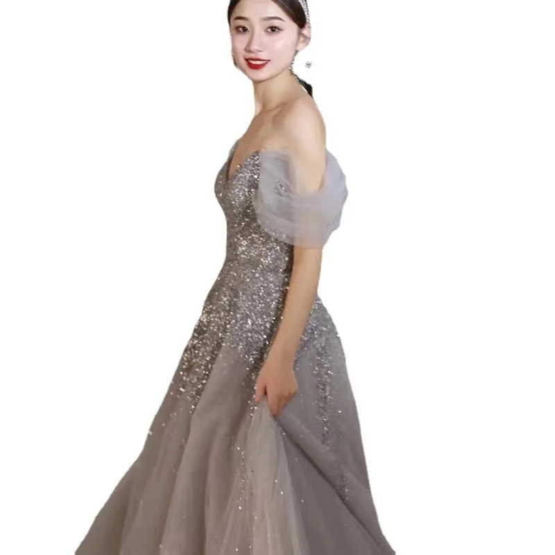 Vestido de noche gris de lujo para mujer, corte en A, hombros descubiertos, encantador cuello en V, lentejuelas, cuentas, largo hasta el suelo, vestido de fiesta para banquete de boda