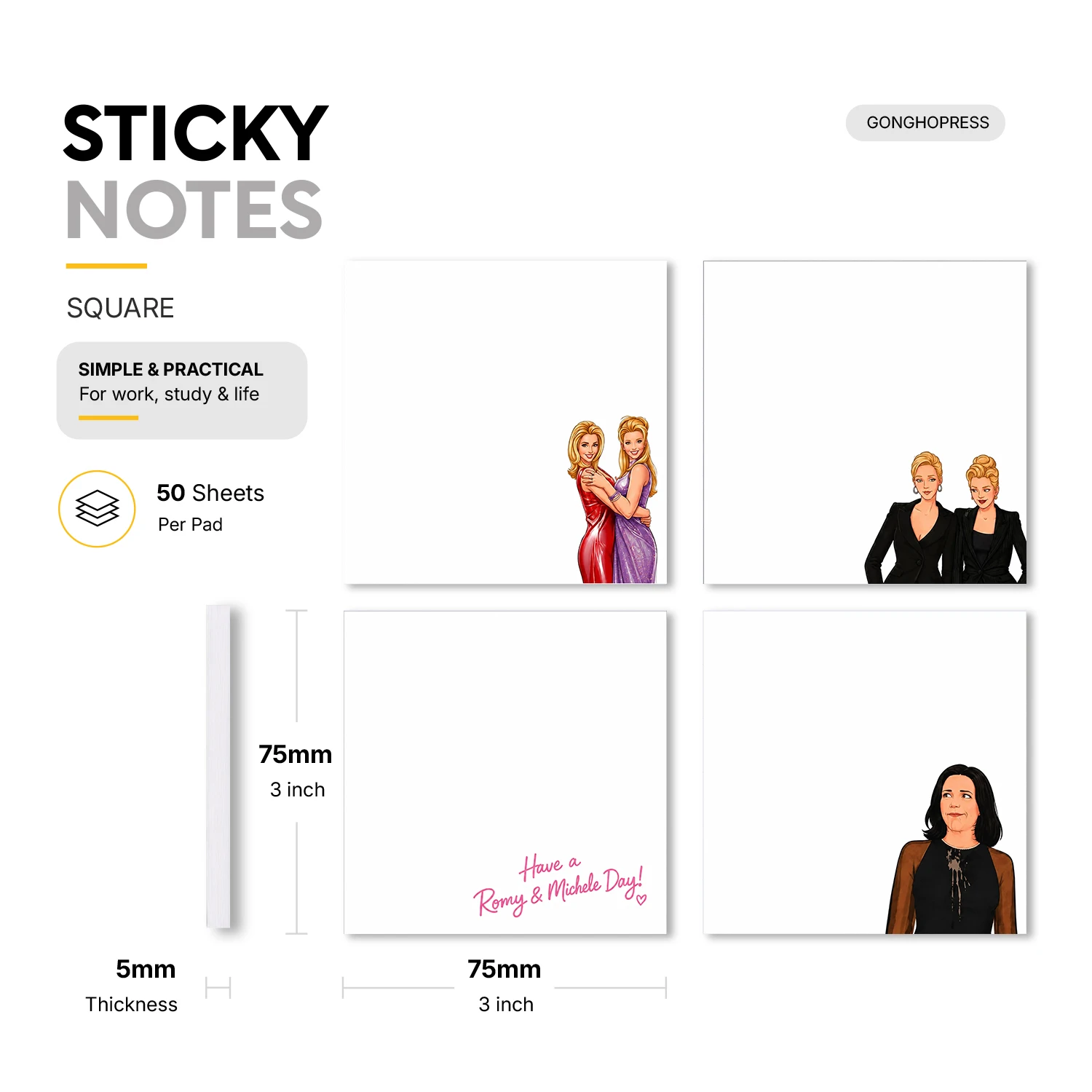 4 pcs Retro Girl Sticky Notes, 200 Sheets Total, Funny Pop Culture Self-Stick Memo Pads, White Removable Adhesive Notes